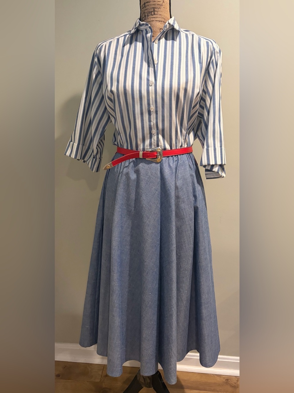 Vintage 1970s Schrader Sport NY Striped Shirt Dress - Blue Chambray Midi - Sz 10